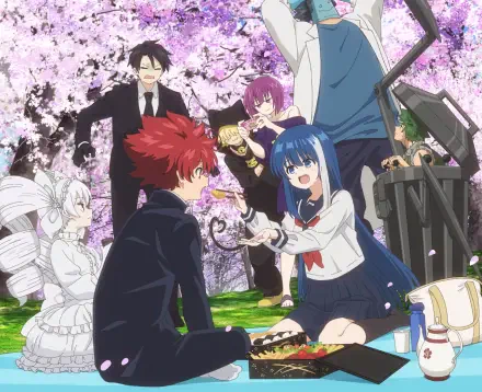 Anime 4K Ultra HD PC desktop wallpaper: Mission: Yozakura Family cast gathered under blooming cherry blossoms — blue-haired girl reaches toward seated red-haired boy as others look on.