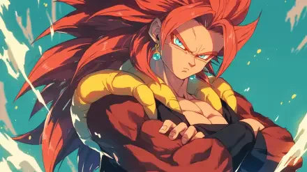 Vibrant HD wallpaper featuring Gogeta in Super Saiyan 4 form from Dragon Ball GT, showcasing his intense expression and distinctive hairstyle against a dynamic background.
