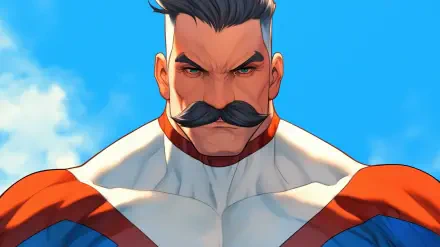 Omni-Man from the TV show Invincible displays a fierce expression, showcasing his muscular physique against a blue sky, featured as an HD desktop wallpaper and background.