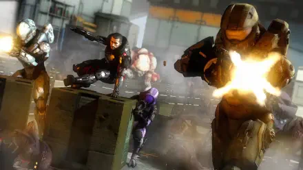 A dynamic 4K Ultra HD wallpaper featuring characters from video games Mass Effect and Halo, showcasing Commander Shepard engaging alongside Master Chief in an action-packed scene.
