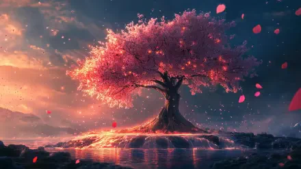 A serene landscape featuring a vibrant cherry blossom tree surrounded by calm waters, with soft fall leaves drifting in the air against a colorful sky.