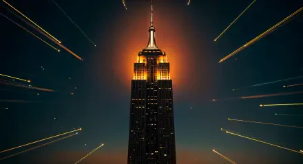 A stunning 4K Ultra HD image of the Empire State Building, illuminated against a night sky, with dynamic light streaks radiating around it. Perfect for a desktop wallpaper or background.