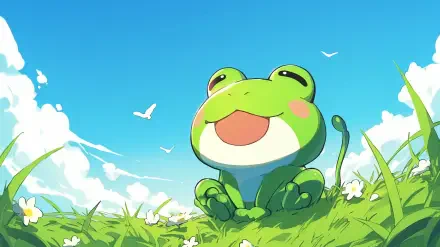 A cheerful green anime frog sits in a field of grass and daisies under a bright blue sky, embodying a kawaii aesthetic, perfect as an HD desktop wallpaper.