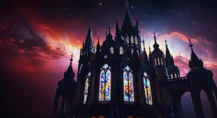 A sci-fi castle with illuminated stained glass windows under a vibrant night sky, rendered in 4K Ultra HD as a fantasy PC desktop wallpaper.
