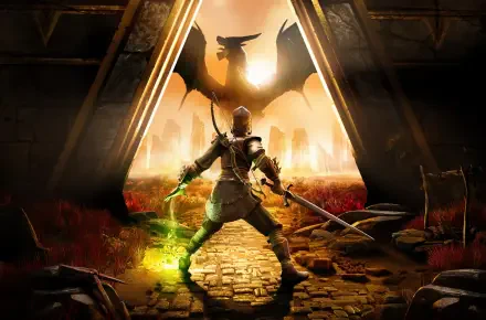 A warrior stands ready with swords drawn in the Dragonwilds, illuminated by a dramatic sunset and shadowed by a looming dragon, capturing the essence of RuneScape in vibrant detail.