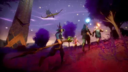 A stunning 4K Ultra HD wallpaper from RuneScape: Dragonwilds, featuring a magical landscape with characters exploring under a starry sky and a dragon soaring above.