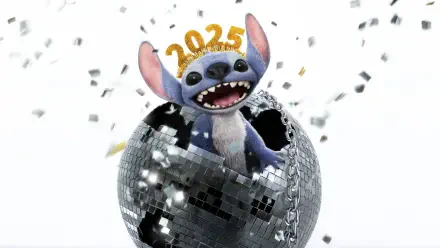 Stitch from Lilo & Stitch celebrates the year 2025 while popping out of a sparkling disco ball, surrounded by confetti in this vibrant 4K Ultra HD wallpaper.