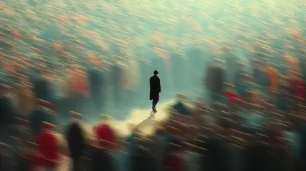 A lone figure stands out amid a blurred crowd, embodying the concept of following the crowd. This 4K Ultra HD desktop wallpaper captures a thought-provoking scene.