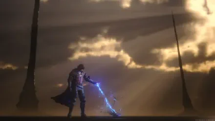Clive Rosfield from Final Fantasy XVI stands dramatically, wielding a lightning-infused weapon against a stunning background, in this vibrant 4K Ultra HD desktop wallpaper.