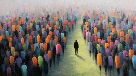 An artistic 4K Ultra HD wallpaper depicting a figure standing apart from a colorful crowd, symbolizing individuality amidst conformity. The crowd fills the scene, following a shared path.