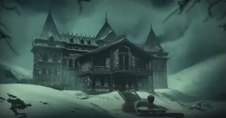 A haunting HD wallpaper from Stygian: Outer Gods, featuring an eerie stone mansion surrounded by a snowy landscape and ominous skies, capturing the game's dark atmosphere.