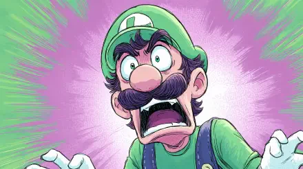 A vibrant 4K Ultra HD wallpaper featuring Luigi, depicted with an expressive face, wide eyes, and an open mouth, set against a dynamic purple background.