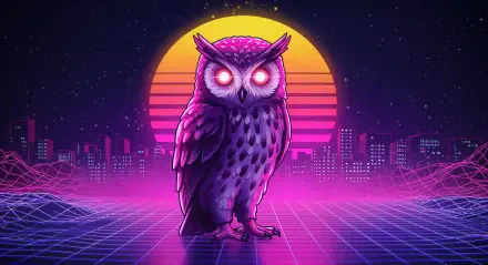 A vibrant, neon-themed owl stands against a retro sunset backdrop, surrounded by a digital cityscape, showcasing a striking 4K Ultra HD design for desktop wallpapers.