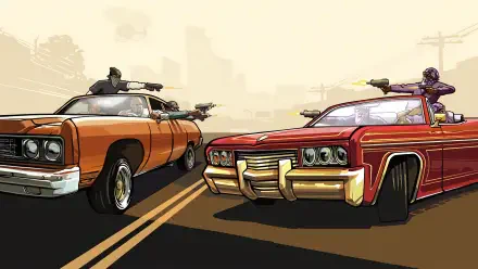 Dynamic 4K Ultra HD wallpaper featuring scenes from Grand Theft Auto: San Andreas, showcasing gangsters in classic cars with guns drawn on a city street.