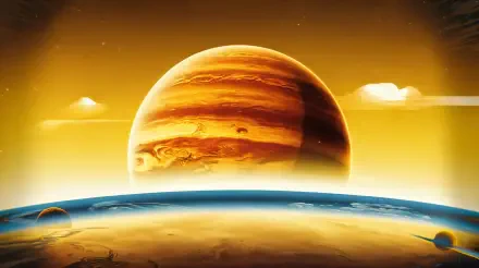 A stunning 4K Ultra HD desktop wallpaper featuring Jupiter against a warm golden backdrop, with billowy clouds and a distant planetary horizon.