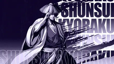 4K Ultra HD PC wallpaper featuring Shunsui Kyōraku from Bleach, depicted in a dynamic, stylized black and white design with bold text elements.