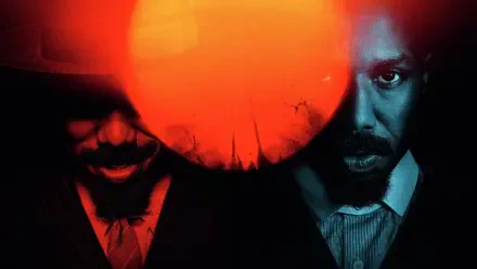 4K Ultra HD PC wallpaper featuring two intense men partially obscured by a vivid red-orange orb, capturing a dark and dramatic Sinners theme.