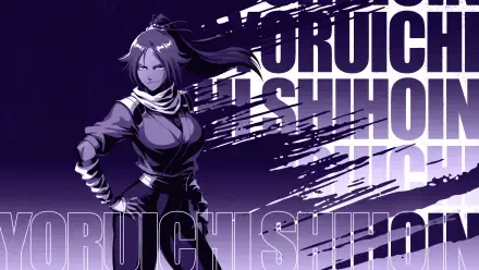 Bleach, Yoruichi Shihôin in purple hues: dynamic pose with flowing hair and scarf; 4K Ultra HD PC desktop wallpaper and background with bold, distressed typography