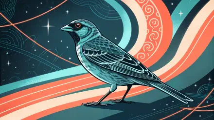 A vibrant finch with intricate details stands against a colorful, abstract background, showcasing artistic swirls and star-like elements. This 4K Ultra HD wallpaper enhances any desktop.