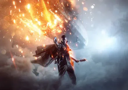 A dramatic 4K Ultra HD wallpaper featuring a Battlefield character amidst explosions and smoke, capturing the intense atmosphere of war in a striking visual display.
