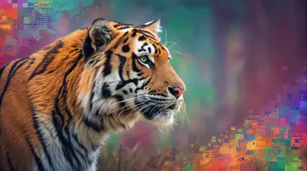 A majestic Bengal tiger in profile, showcasing its striking orange and black stripes against a vibrant, colorful background. This image serves as a stunning 4K Ultra HD desktop wallpaper.