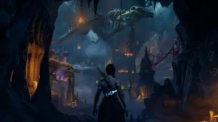 A mysterious landscape from the video game South of Midnight, featuring a character in a dark cave, illuminated by colorful lanterns and a massive skeleton overhead. 4K Ultra HD quality.