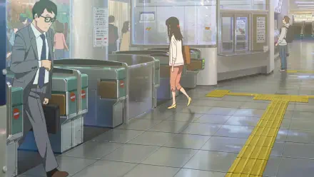 An animated scene from Your Name, depicting a busy train station with characters in casual attire and a reflective, atmospheric background. This HD image serves as a stunning PC desktop wallpaper.