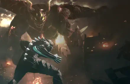 HD PC desktop wallpaper featuring a dramatic Anime scene from Kaiju No. 8, showcasing a fierce battle between a giant kaiju and a armored warrior amid a fiery, dark cityscape.