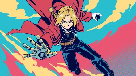 HD anime wallpaper featuring Edward Elric from Fullmetal Alchemist in dynamic action pose with vibrant red cape and mechanical arm against colorful background.