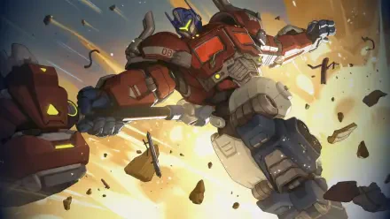 HD PC desktop wallpaper featuring a dynamic battle scene from the video game Overwatch with a large armored mech breaking through debris.