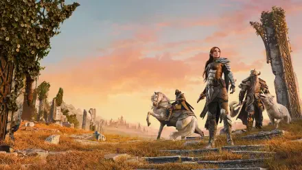 4K Ultra HD desktop wallpaper featuring characters and horses from the RPG video game The Elder Scrolls Online set against a vast, scenic landscape at sunset.