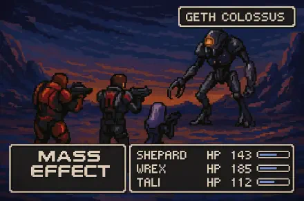 Pixel art style Mass Effect 4K Ultra HD wallpaper depicting a battle between Shepard, Wrex, and Tali against a Geth Colossus.