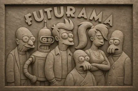 Futurama TV show characters sculpted in a stone relief style, featured as a 4K Ultra HD PC desktop wallpaper and background.