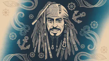 4K Ultra HD Pirates of the Caribbean desktop wallpaper featuring a detailed sketch of a pirate with nautical elements like anchors, tentacles, and ship wheels in the background.