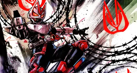 HD PC desktop wallpaper featuring dynamic anime-style artwork of Kamen Rider Geats in action with bold red and black accents and barbed wire elements.