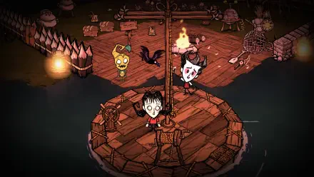 HD desktop wallpaper from the video game Don't Starve Together, featuring characters on a raft surrounded by dark waters and eerie lighting.