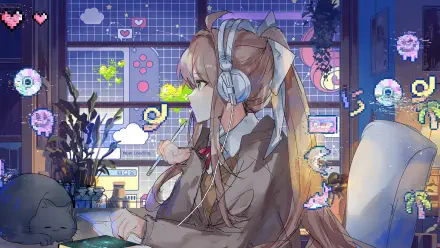 A kawaii anime girl from Doki Doki Literature Club! wears headphones, surrounded by pixel art and lofi vibes in an 8K Ultra HD video game-inspired desktop wallpaper.