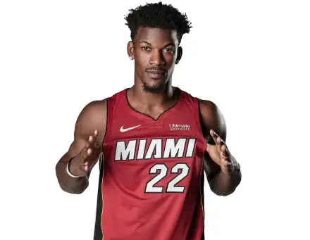 4K Ultra HD image of NBA player Jimmy Butler in a Miami Heat jersey, number 22, against a white background for PC desktop wallpaper.