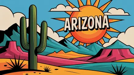 Vibrant 4K Ultra HD desktop wallpaper featuring a stylized Arizona desert scene with towering cactus, colorful mountains, and a bright sun with Arizona text.