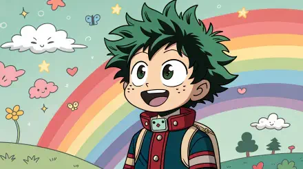 A vibrant 4K Ultra HD PC desktop wallpaper featuring a cheerful anime character with green hair standing before a colorful rainbow and whimsical sky.