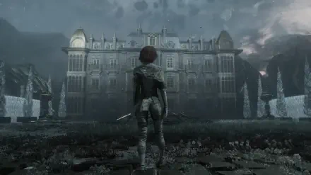 HD PC desktop wallpaper from the video game Clair Obscur: Expedition 33, featuring a character standing before a large, eerie mansion under a stormy sky.