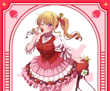 Anime HD PC desktop wallpaper of Ruby Hoshino from Oshi no Ko, winking in a pink frilly dress with twin tails, holding a strawberry-themed accessory against a decorative pink frame background.