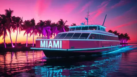 4K Ultra HD desktop wallpaper of a vibrant ferry illuminated with MIAMI cruising past palm trees under a pink and purple sunset sky.