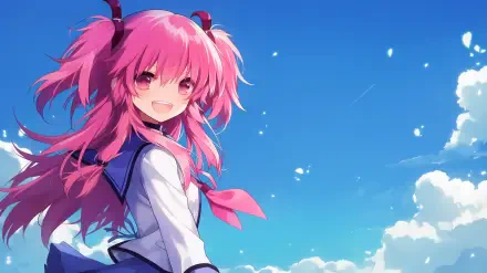 HD anime desktop wallpaper featuring Yui from Angel Beats! with vibrant pink hair against a bright blue sky and fluffy white clouds.
