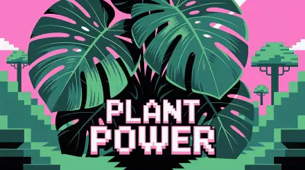 4K Ultra HD desktop wallpaper featuring vibrant green monstera leaves with the bold text PLANT POWER against a bright pink background and pixelated tree graphics.