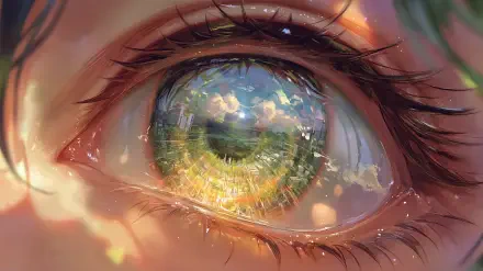 Close-up of an anime eye with vibrant reflections of a cityscape and sky, rendered in HD for a striking PC desktop wallpaper and background.
