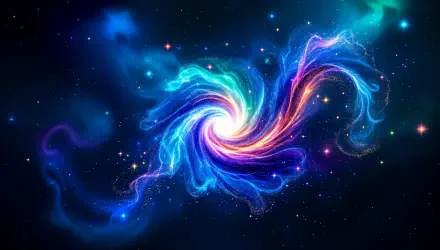 A vibrant 4K Ultra HD PC desktop wallpaper showcasing a swirling galaxy of neon blues, purples, and pinks against a star-filled cosmic background.