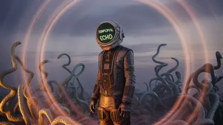 4K Ultra HD PC desktop wallpaper depicting a time traveler in a futuristic suit with Temporal Echo on the helmet, standing amidst swirling energy and dark tentacles.