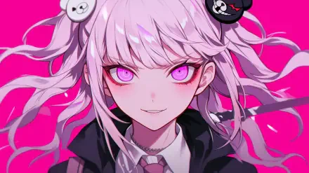 HD anime desktop wallpaper featuring Junko Enoshima from Danganronpa with striking pink eyes and twin-tails against a vibrant pink background.