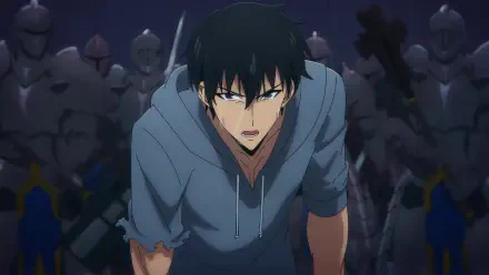 HD anime desktop wallpaper featuring Sung Jin-Woo from Solo Leveling, depicted with intense blue eyes and dark hair against a backdrop of armored figures.